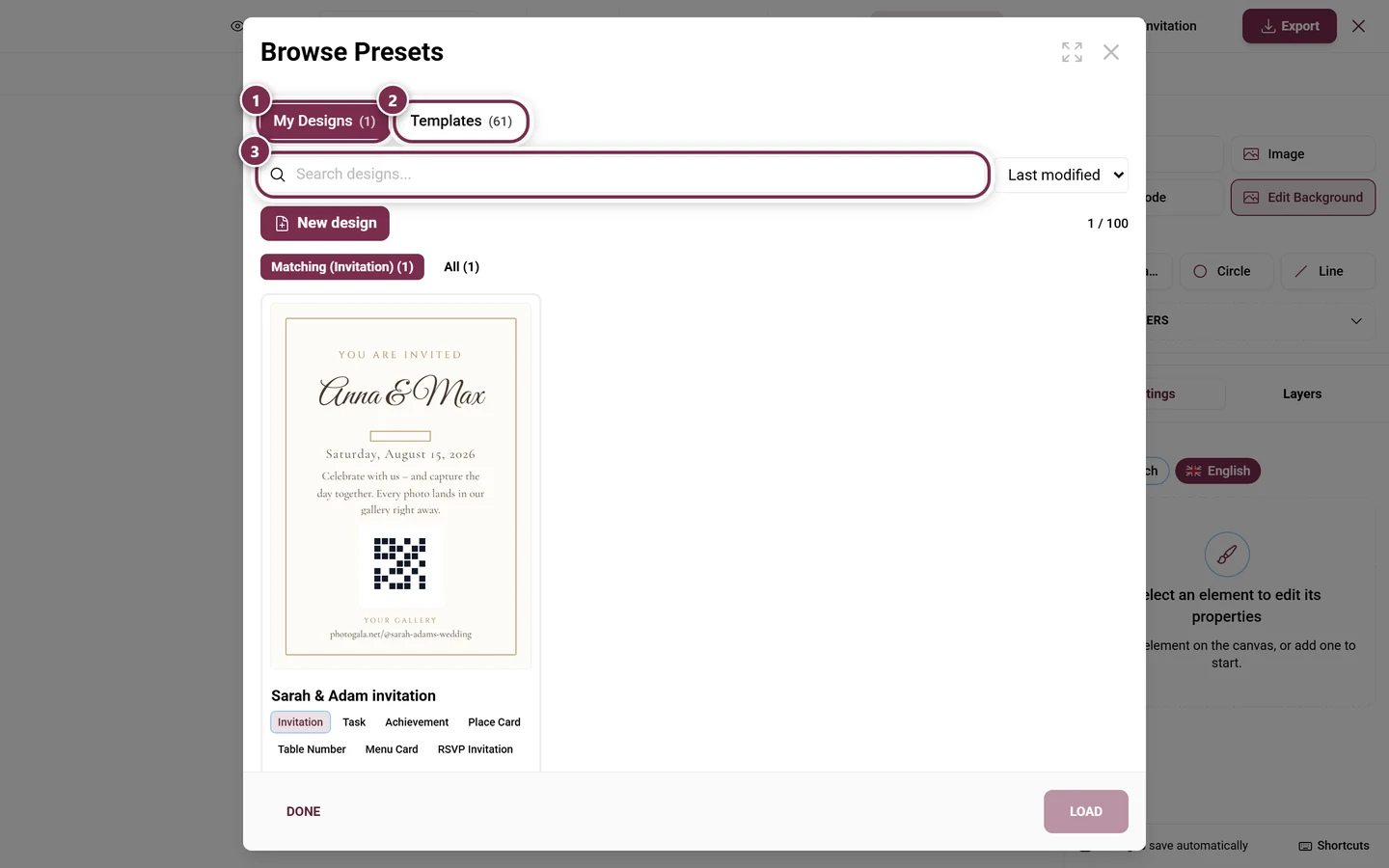 Design browser with the My Designs and Templates areas