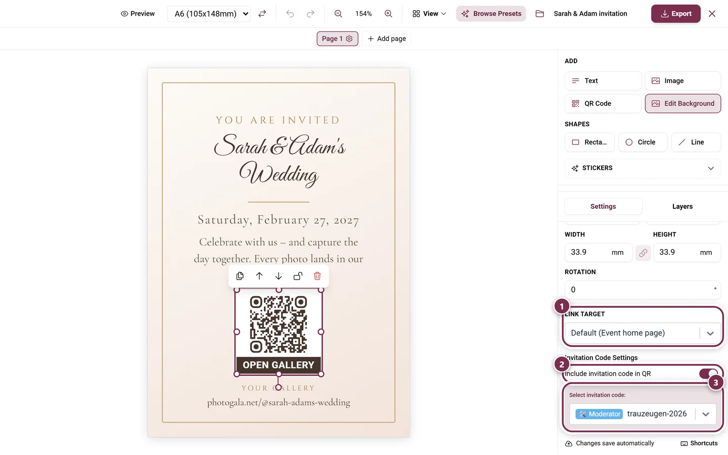 Selected QR element with the Link target selector in the properties panel