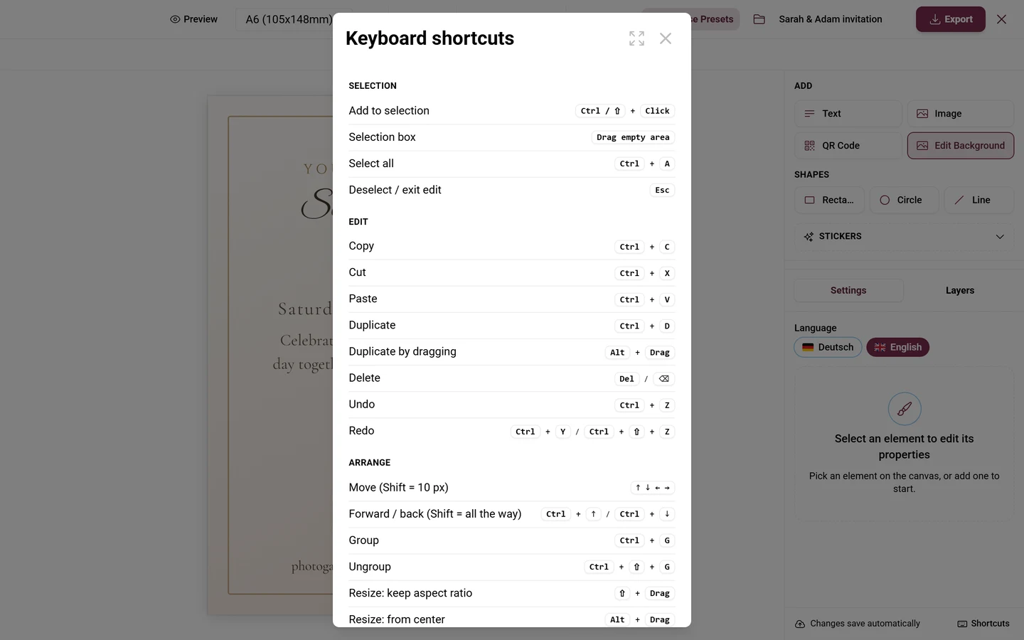 Keyboard shortcuts dialog with the Selection, Edit, Arrange, View and Transform sections