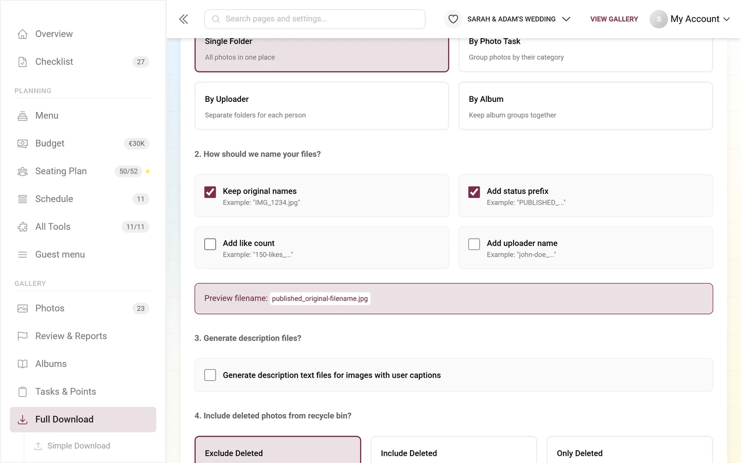 Step 2 of the advanced download with the four naming checkboxes and the preview