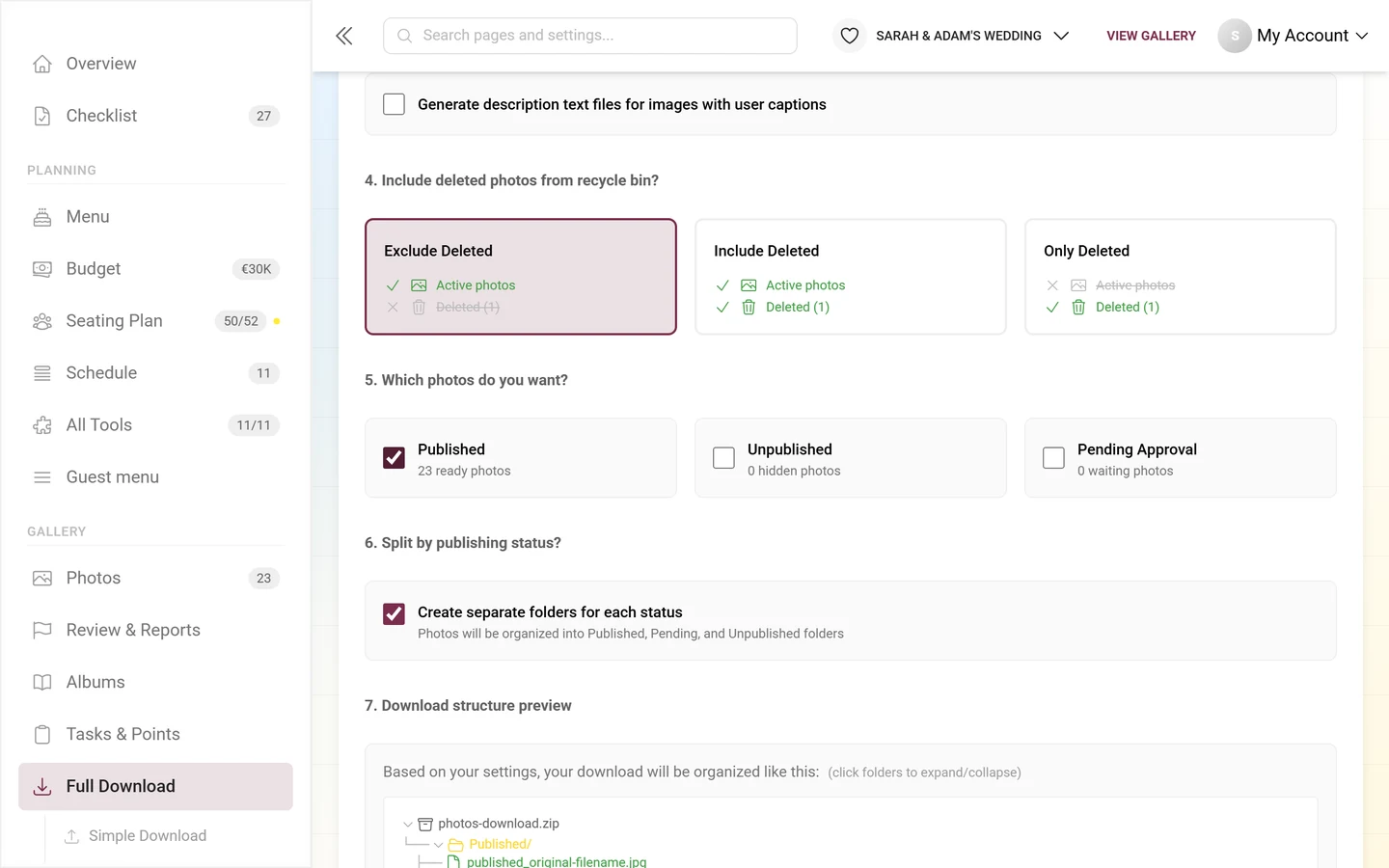 Steps 4 to 6 of the advanced download with the recycle-bin cards and the three status checkboxes