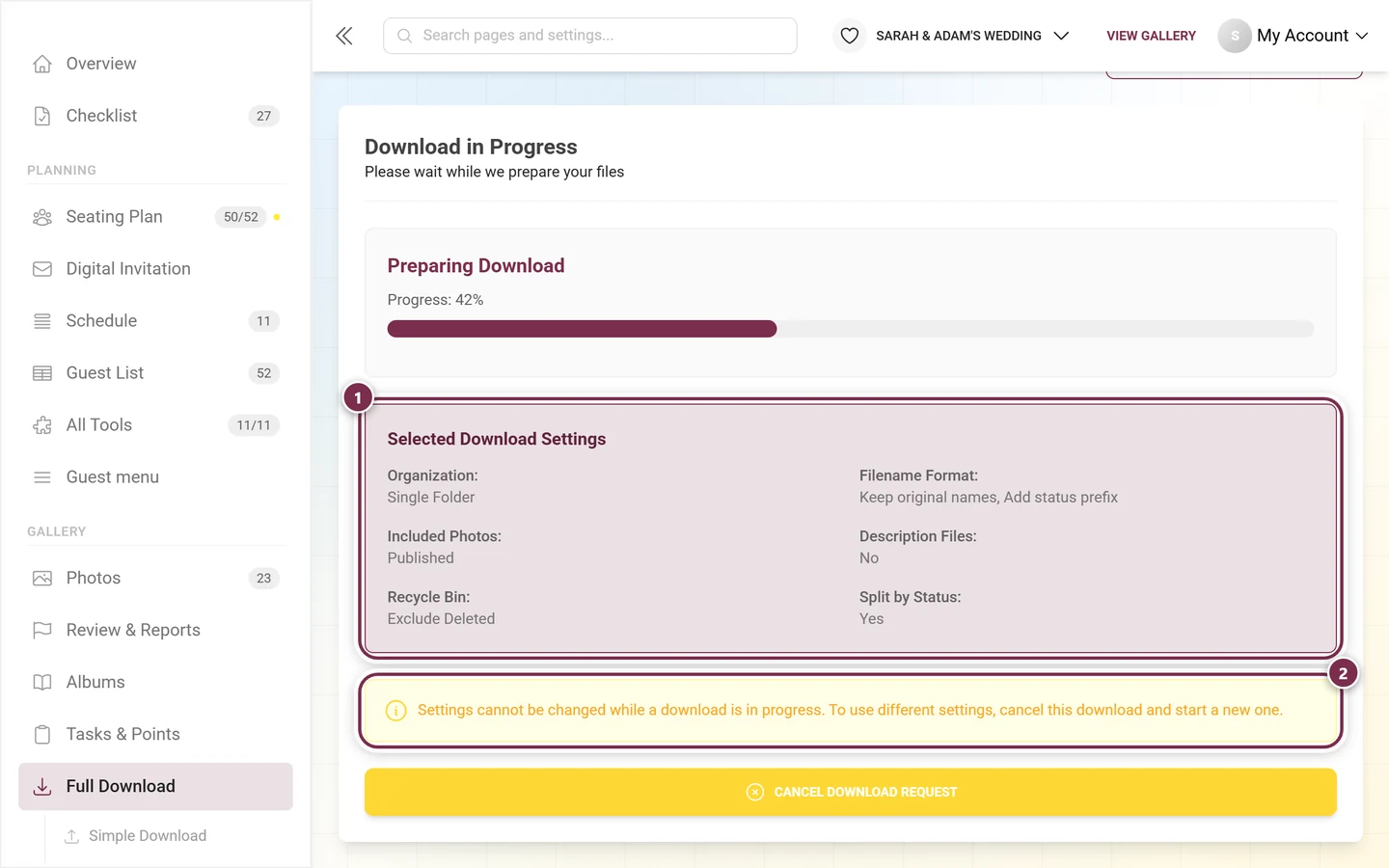 Summary of the selected download settings and the yellow lock notice, both highlighted