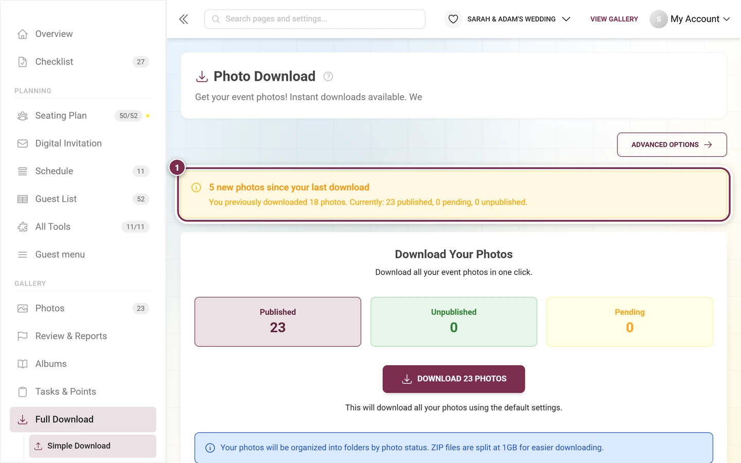 Yellow banner pointing out new photos since the last download, highlighted