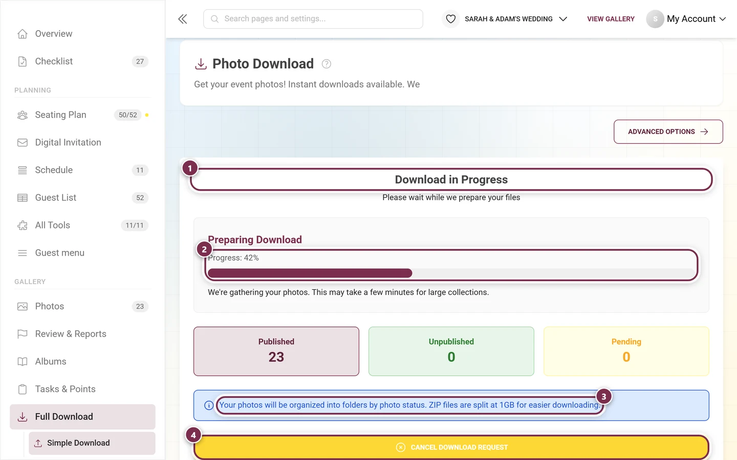 Download progress screen with bar, info line and cancel button, all highlighted