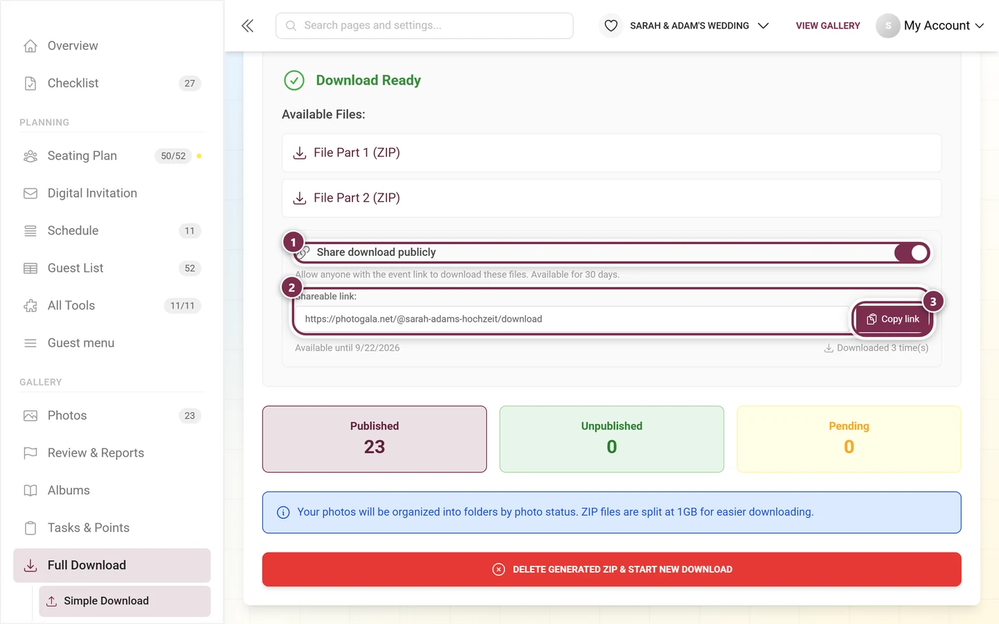 Sharing area with the toggle on, the link field and the copy button, all highlighted