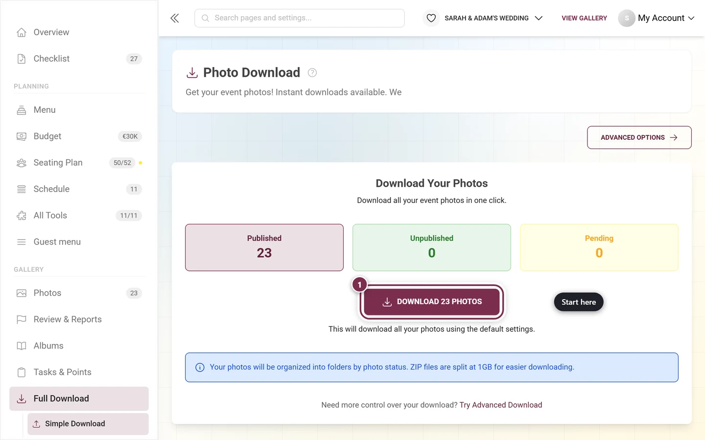 The download button naming the number of photos, highlighted