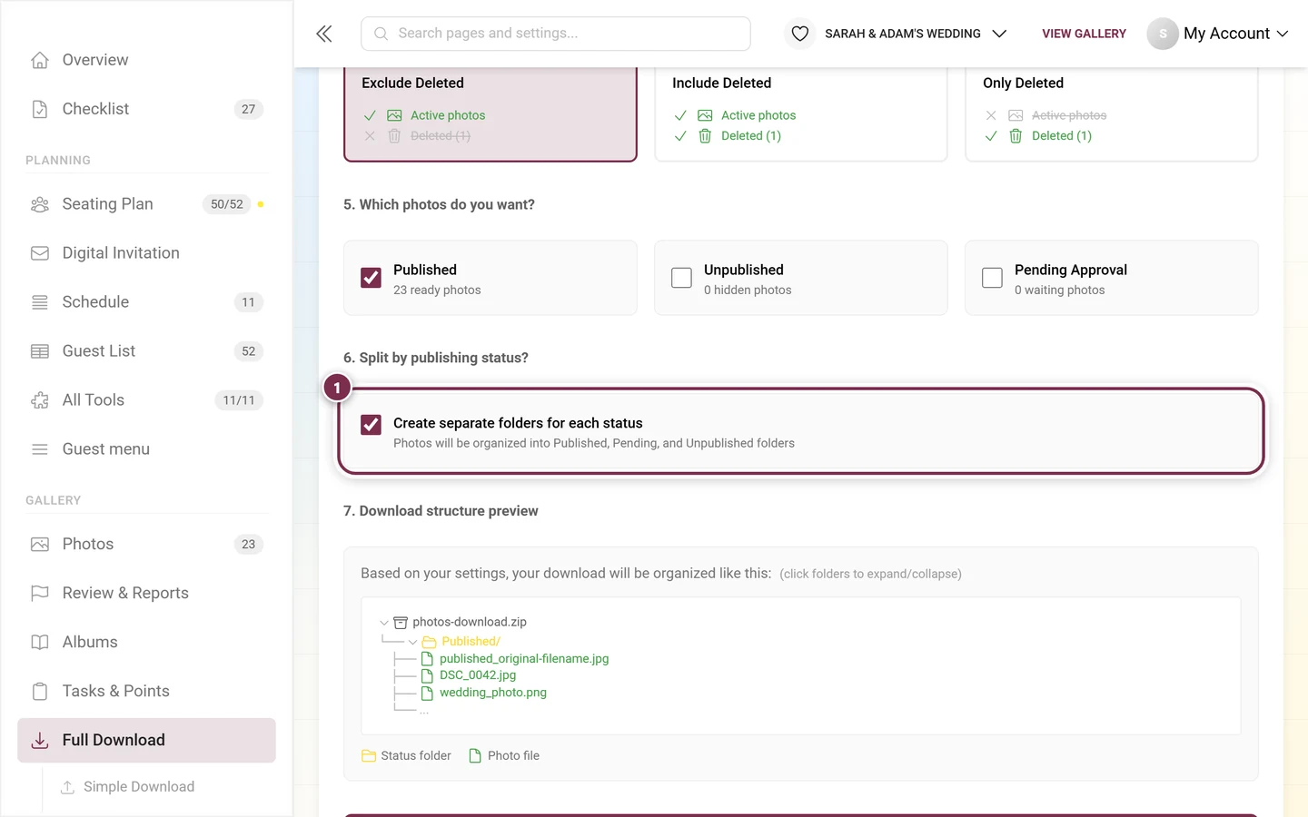 Step 6 with the split-by-status checkbox and the folder structure preview, highlighted