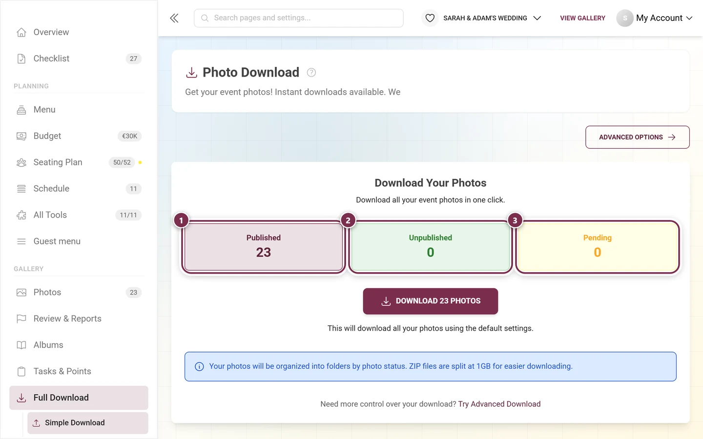 The three statistic tiles of the simple download, all highlighted