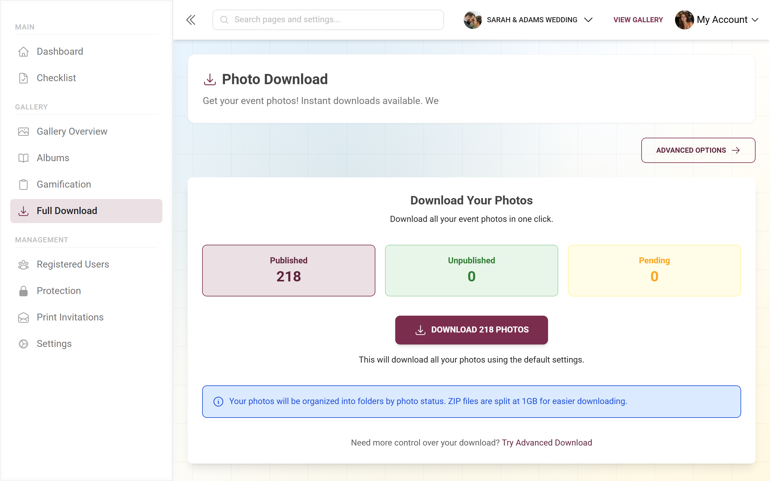 Download page for the ZIP backup