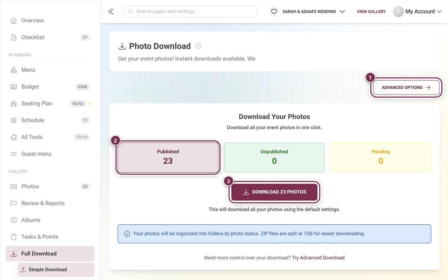 Download page for the ZIP backup with three controls highlighted