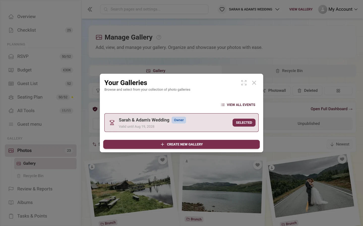 Your Galleries dialog with one gallery, an Owner role badge and the Create new gallery button