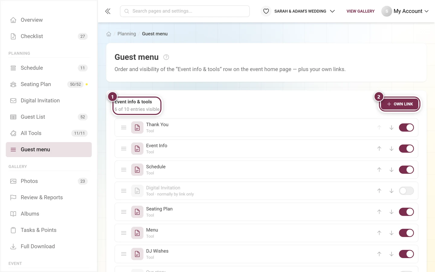 Guest menu editor with heading, counter, the Own link button and the sortable list