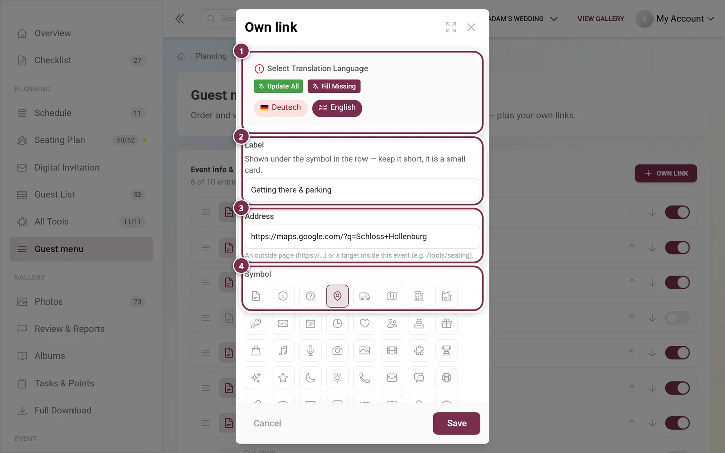 Own link dialog with translation language, label, address and symbol picker