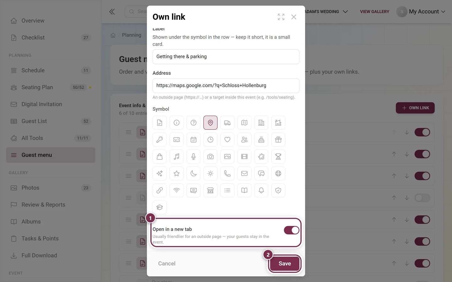 Lower part of the dialog with the full symbol grid, the open-in-new-tab switch and the save button