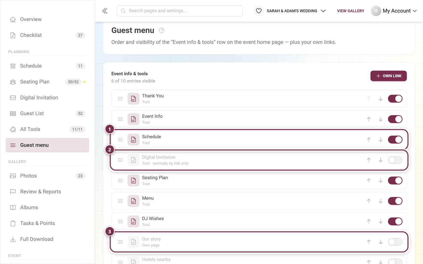 Three rows of the guest menu showing the kinds Tool, link-only tool and Own page