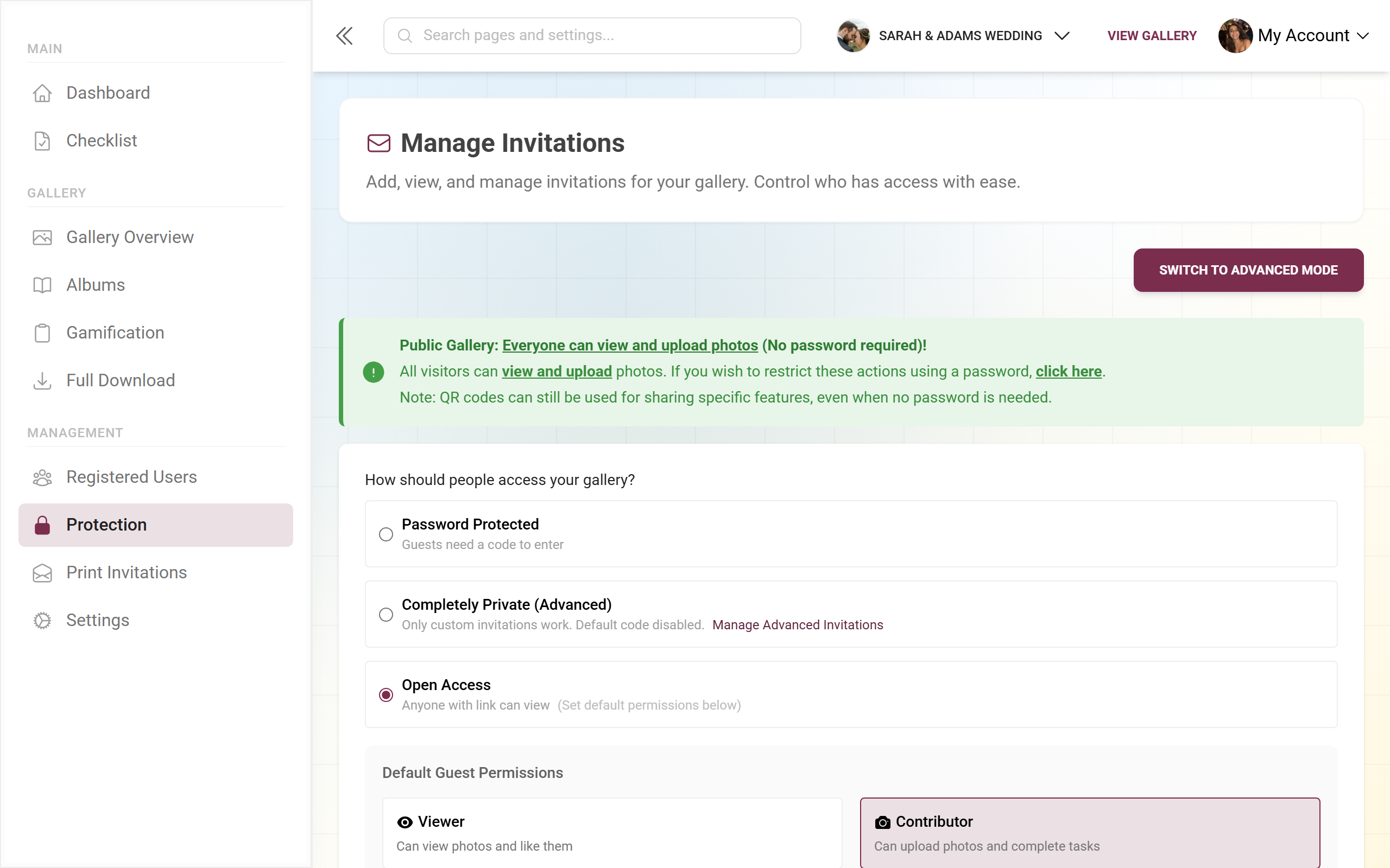 The “Manage Invitations” page in simple mode with access settings, default code and share bar