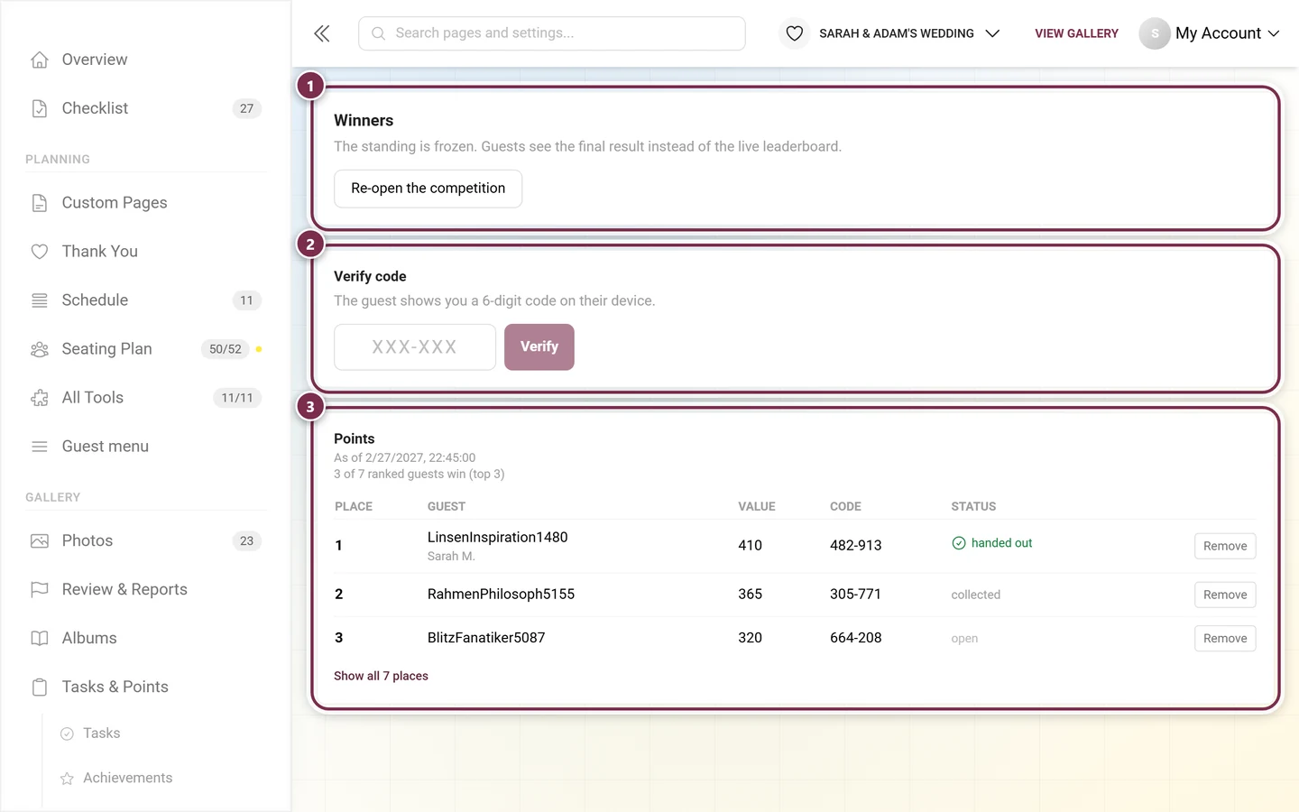 Winners page with the Winners block, the Verify code field and the Points standings table