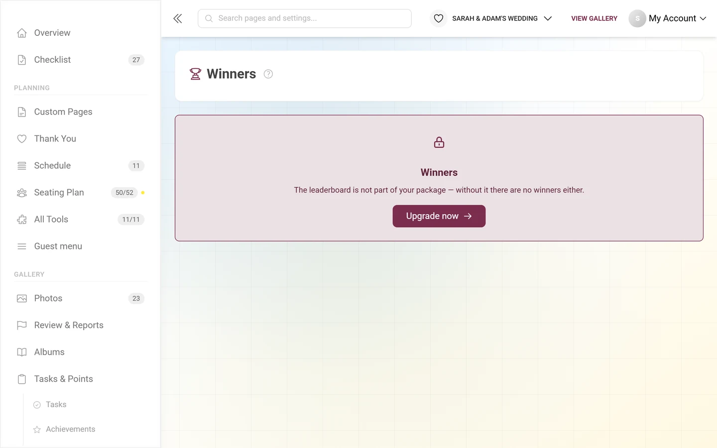 Locked winners page with a padlock and the upgrade button