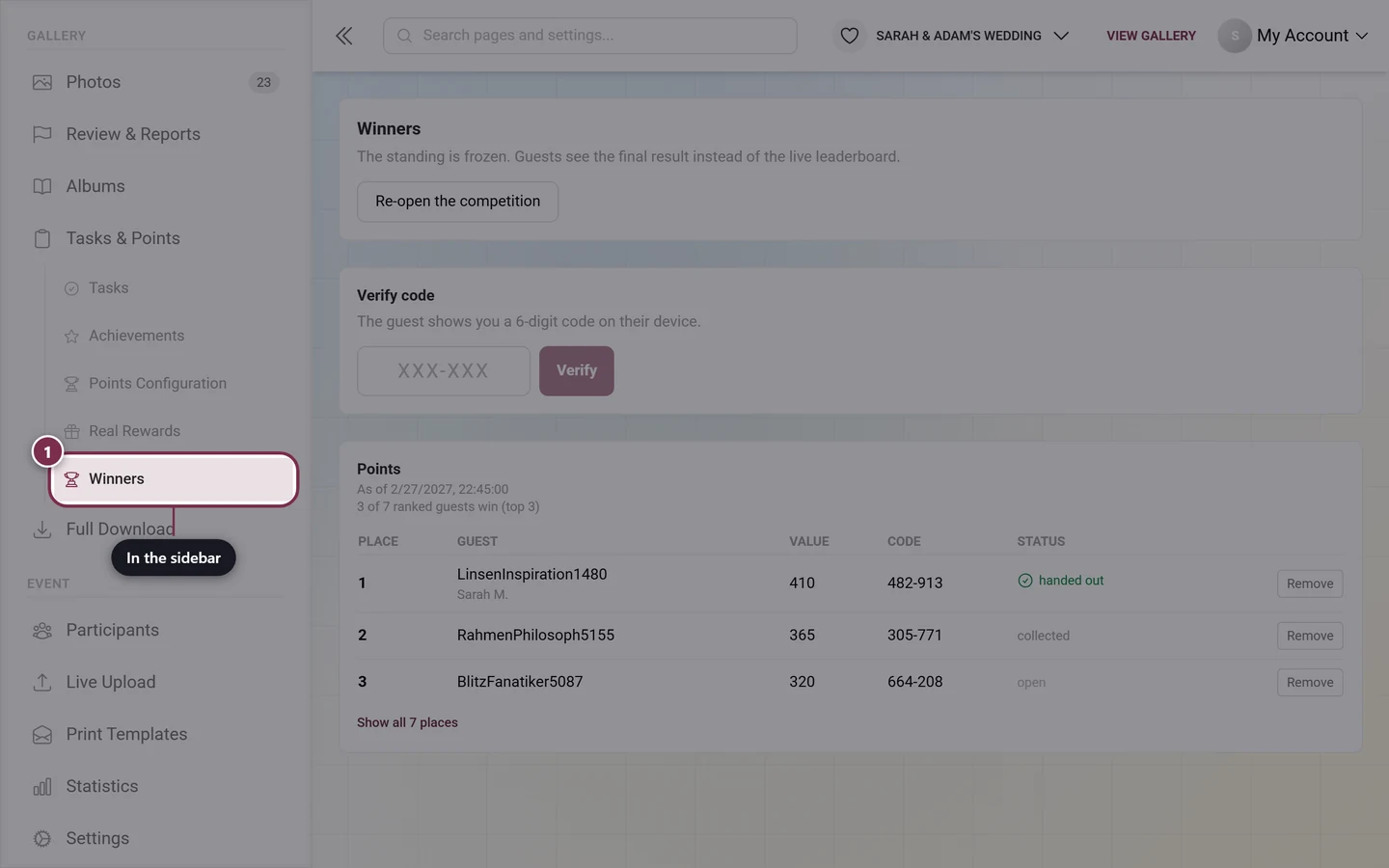 Sidebar with the Winners entry highlighted under Tasks and Points
