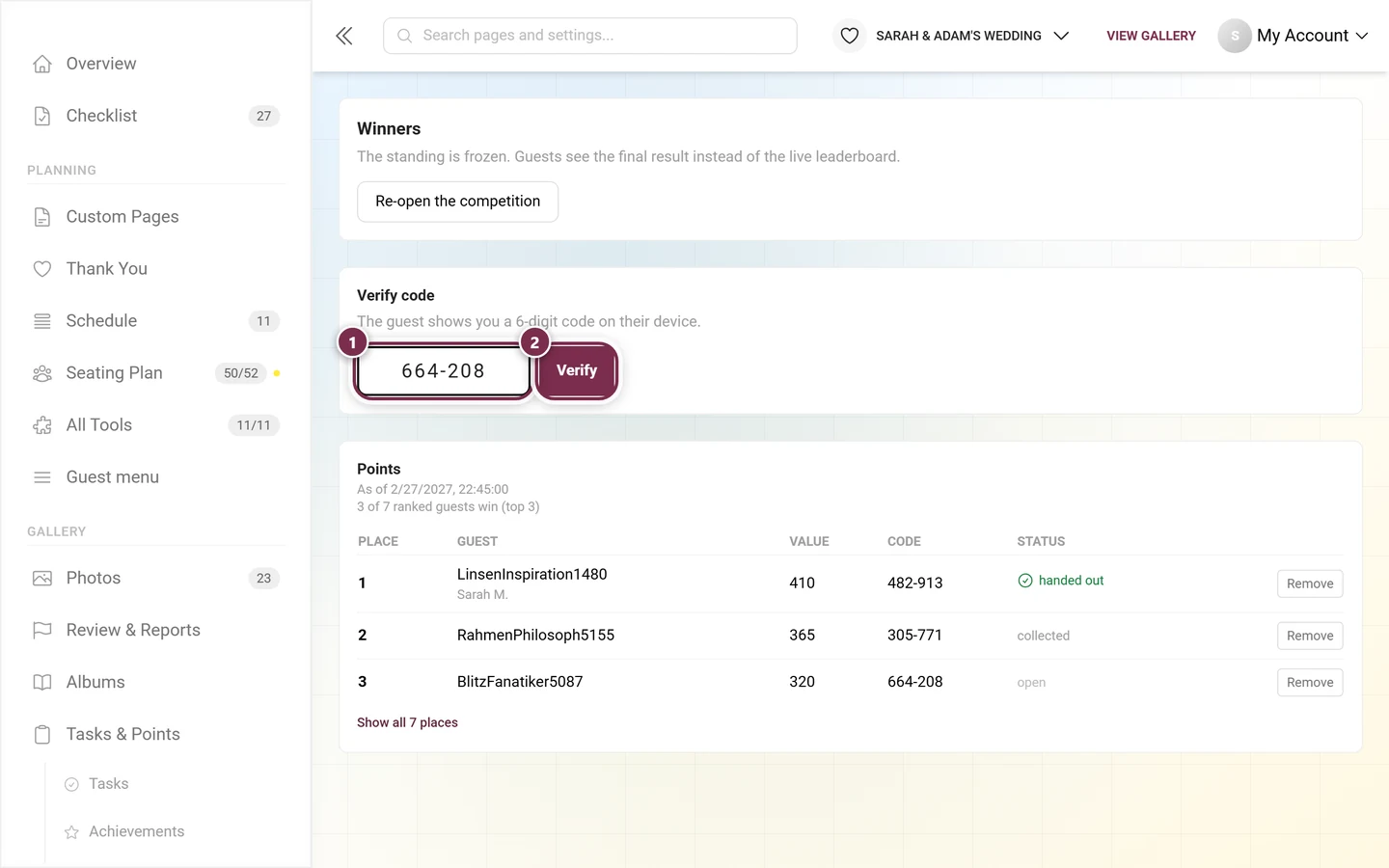The Verify code field with a code typed in and the Verify button