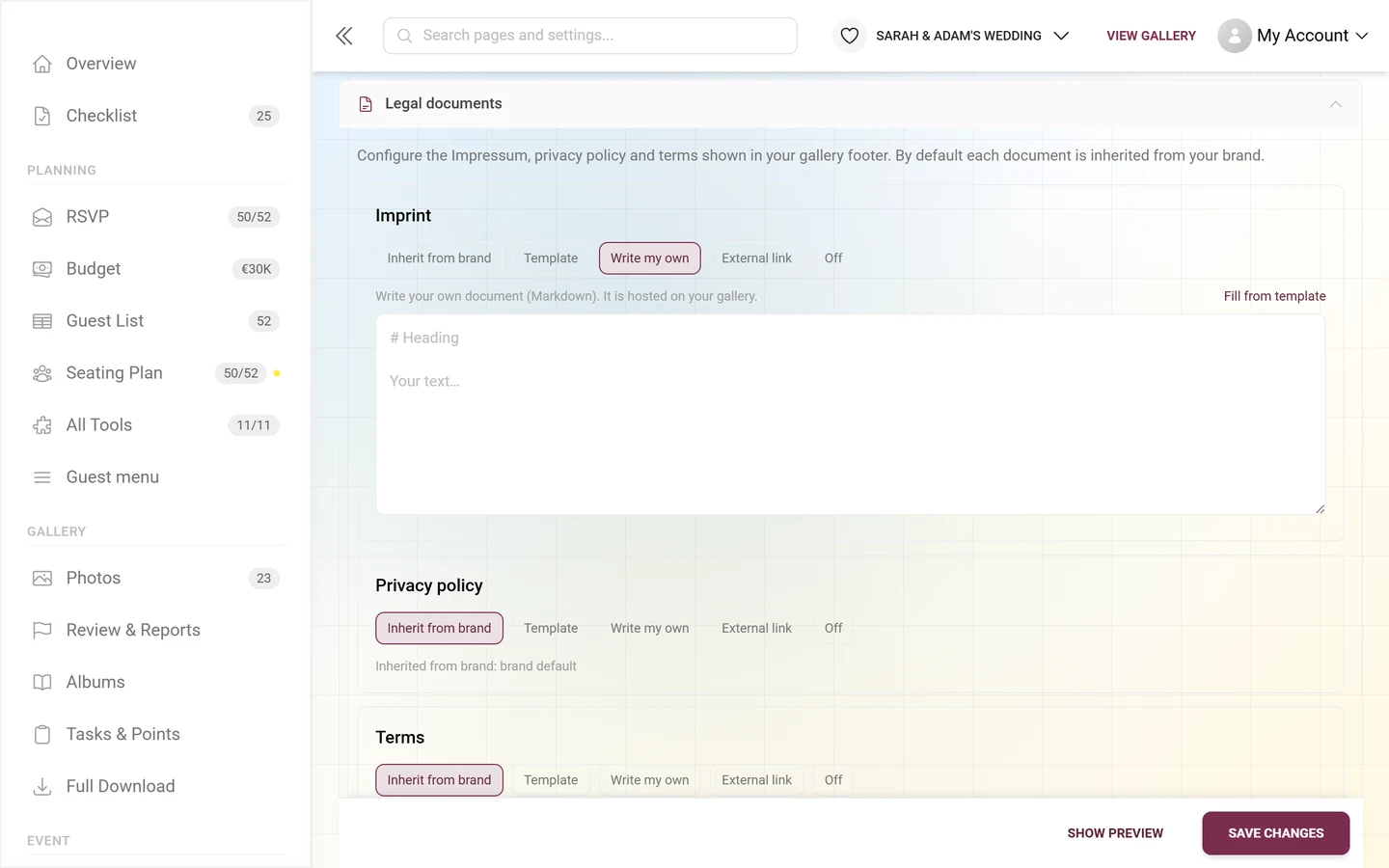 Imprint card in Write-my-own mode with a large Markdown text field