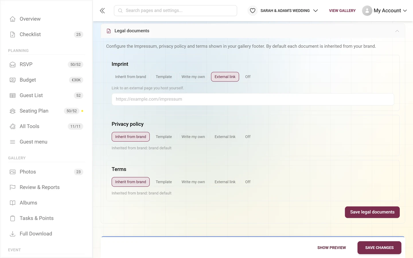 Imprint card in External-link mode with the URL field