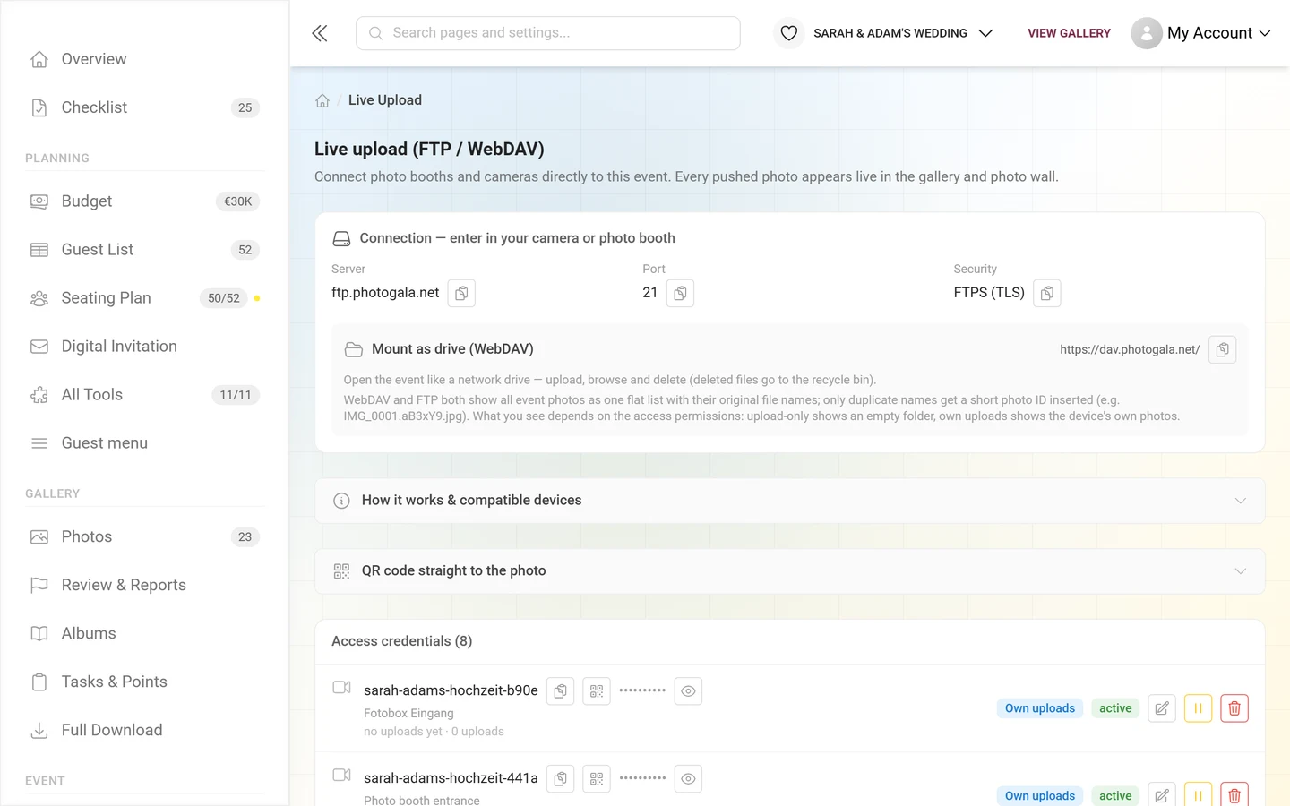 Live Upload page with connection card and access list