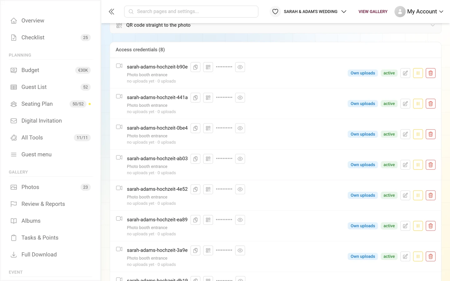 List of accesses with label, username and status