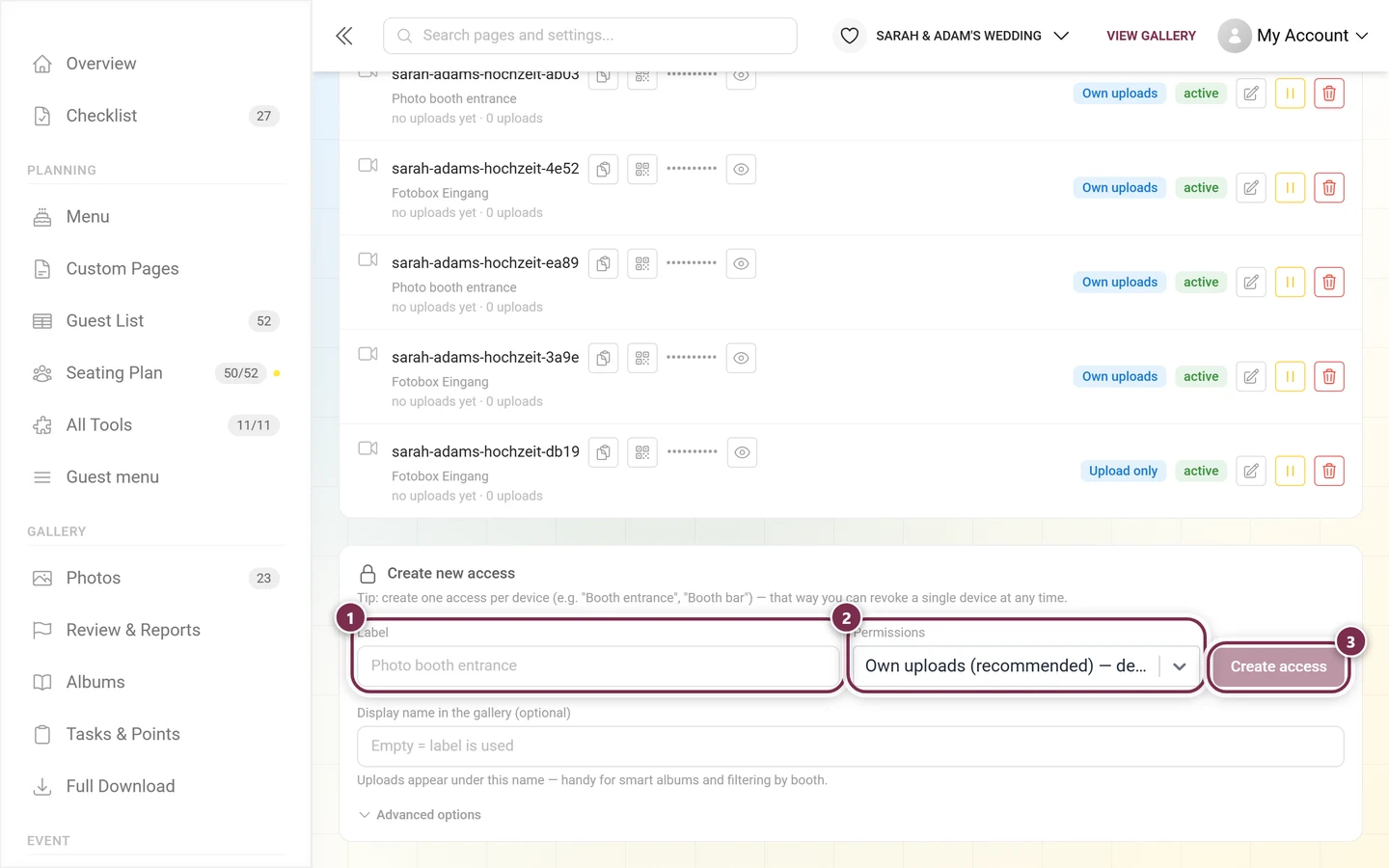 Create new access form with the Label field, the Permissions dropdown and the Create access button marked