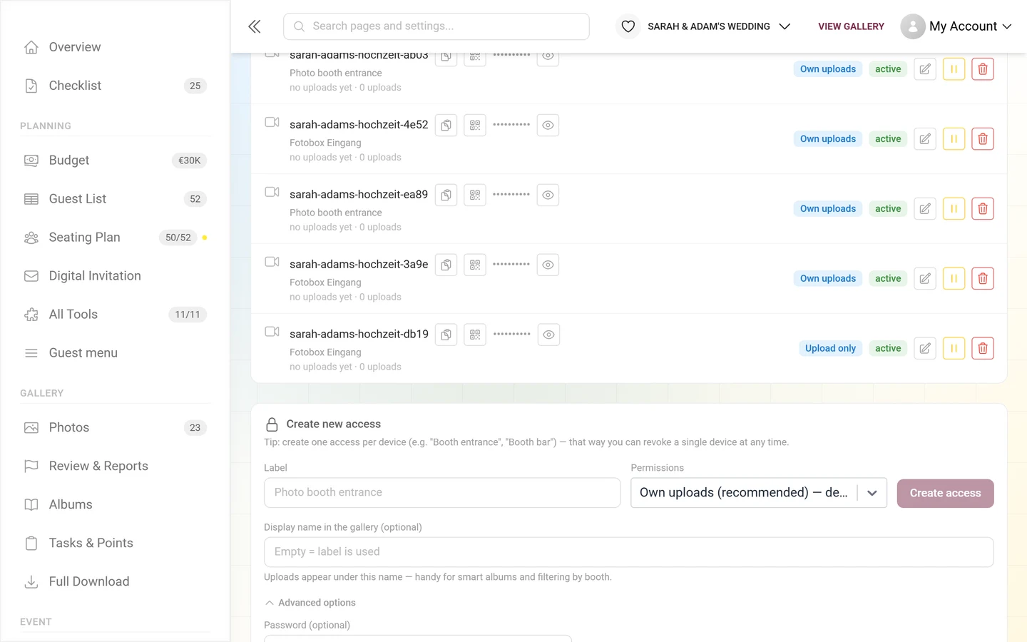 Form for a new access with the advanced options expanded