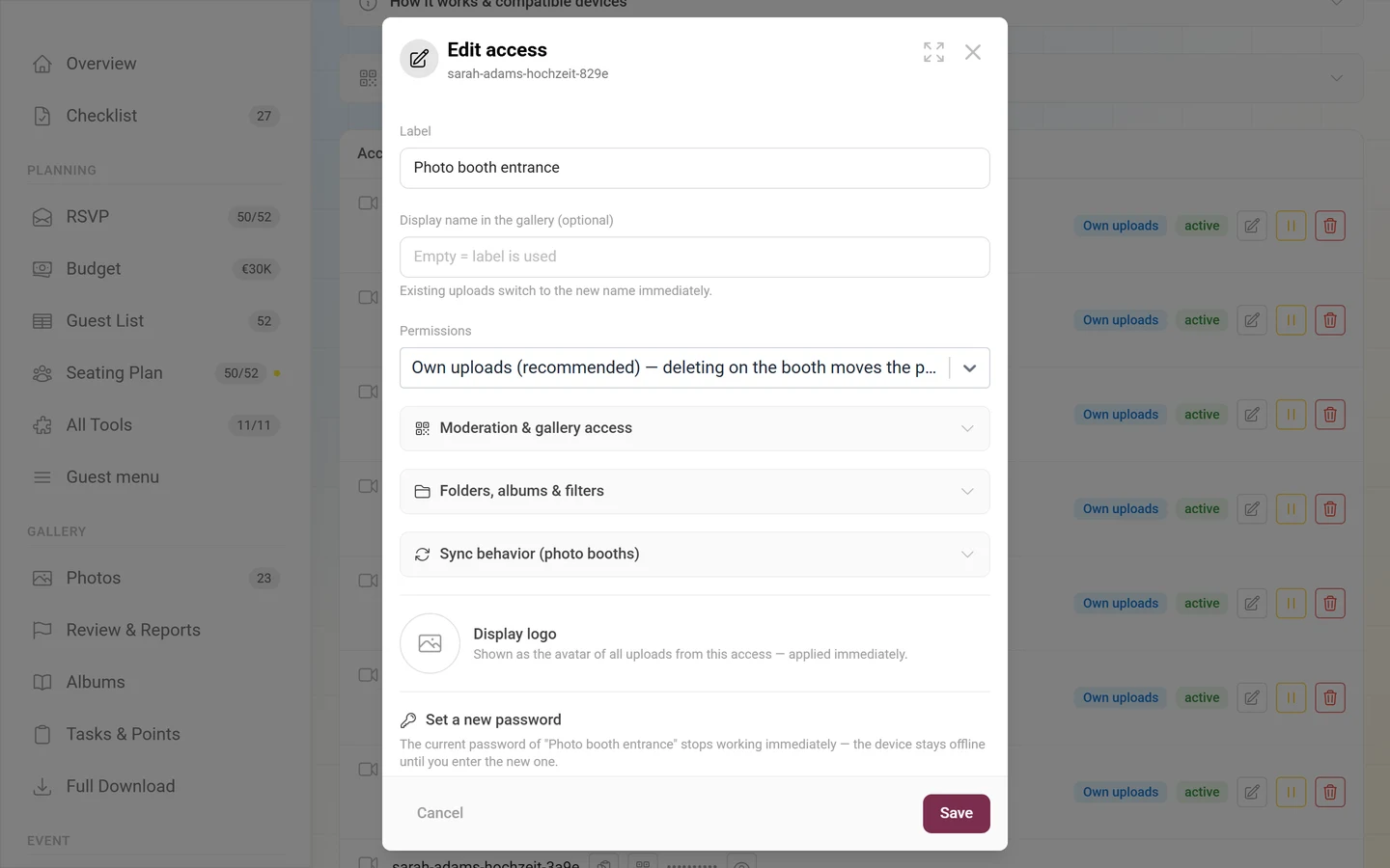 Edit access dialog with label, display name, permissions, the three option groups, display logo and the Set new password section