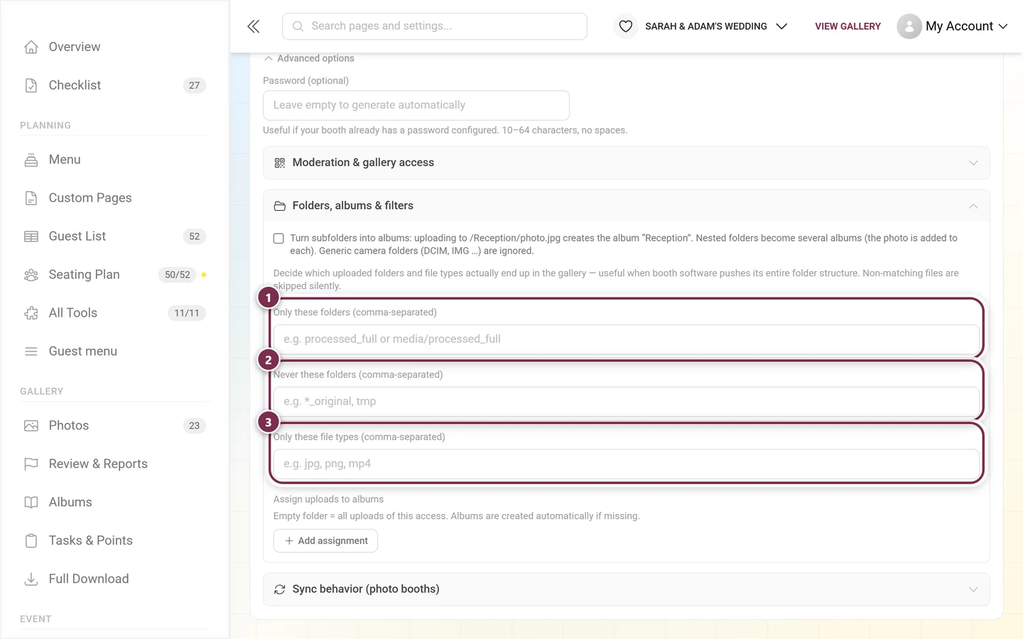 Expanded Folders, albums and filters group with the three filter fields marked