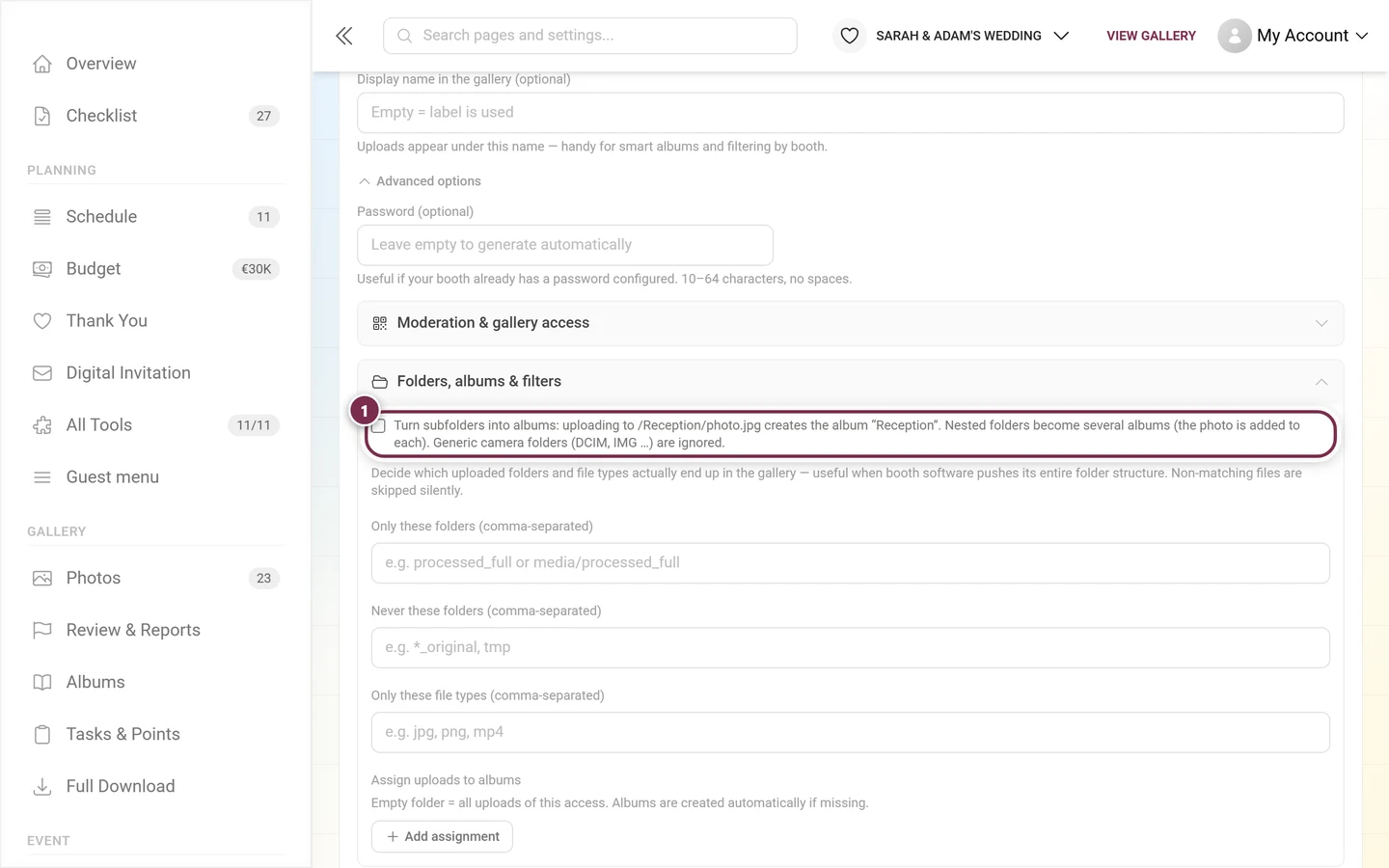 Turn subfolders into albums checkbox at the top of the Folders, albums and filters group