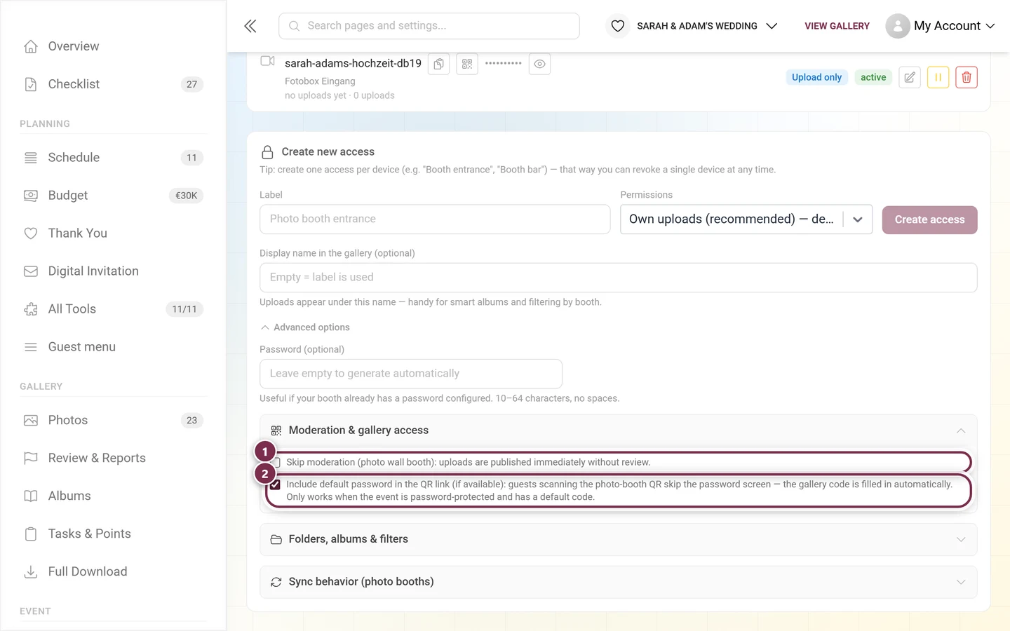 Expanded Moderation and gallery access group with two highlighted checkboxes