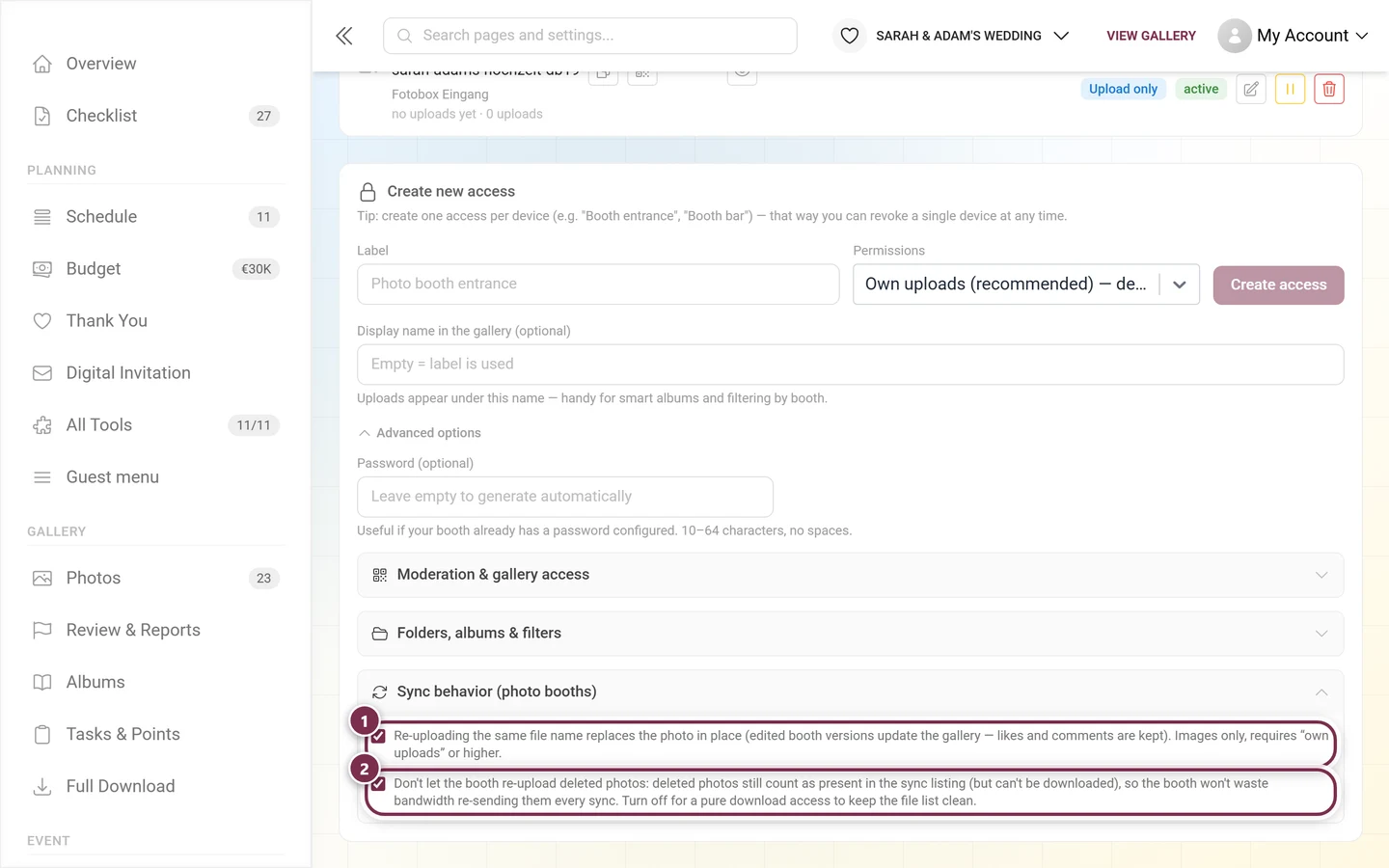 Expanded Sync behavior group with both checkboxes highlighted