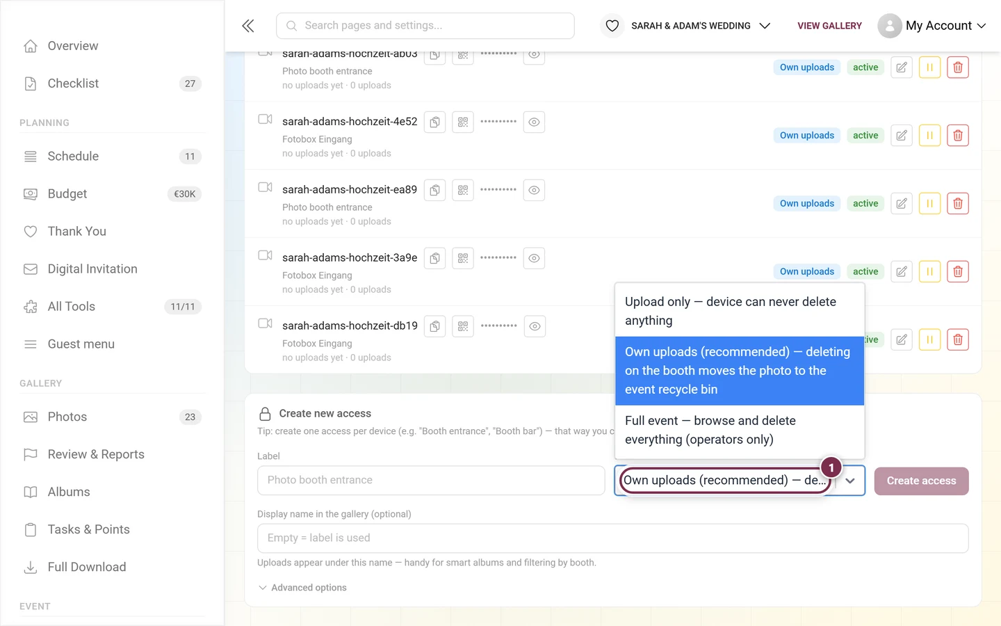 Opened Permissions dropdown in the new access form with Own uploads (recommended) highlighted