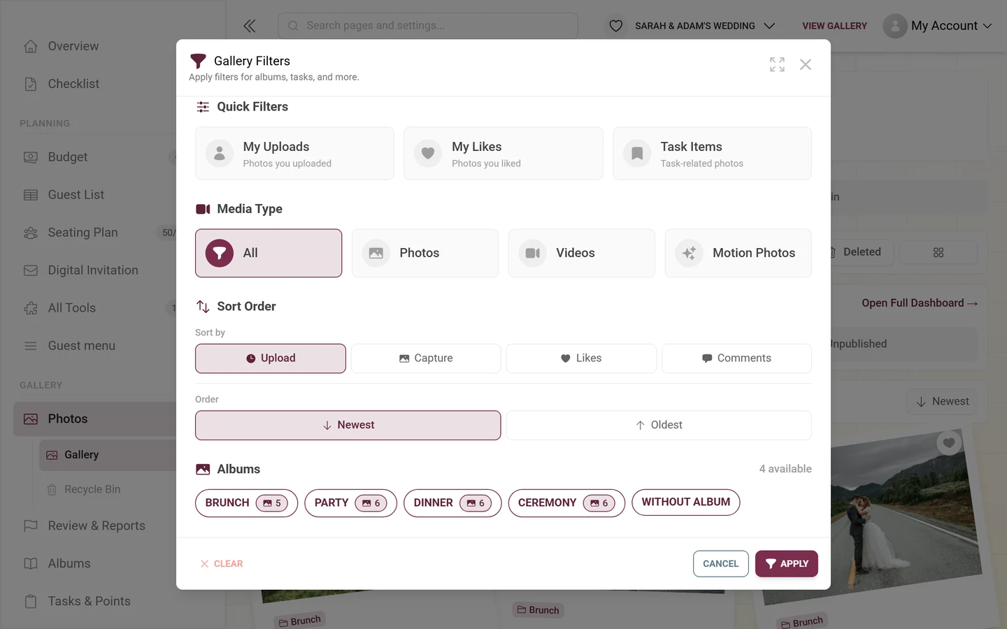 Gallery Filters dialog with quick filters, media type, sort order and albums