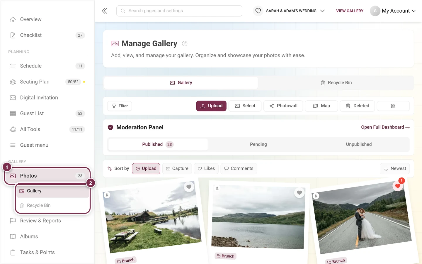 Left-hand menu with the highlighted Photos entry and its sub-items Gallery and Recycle Bin