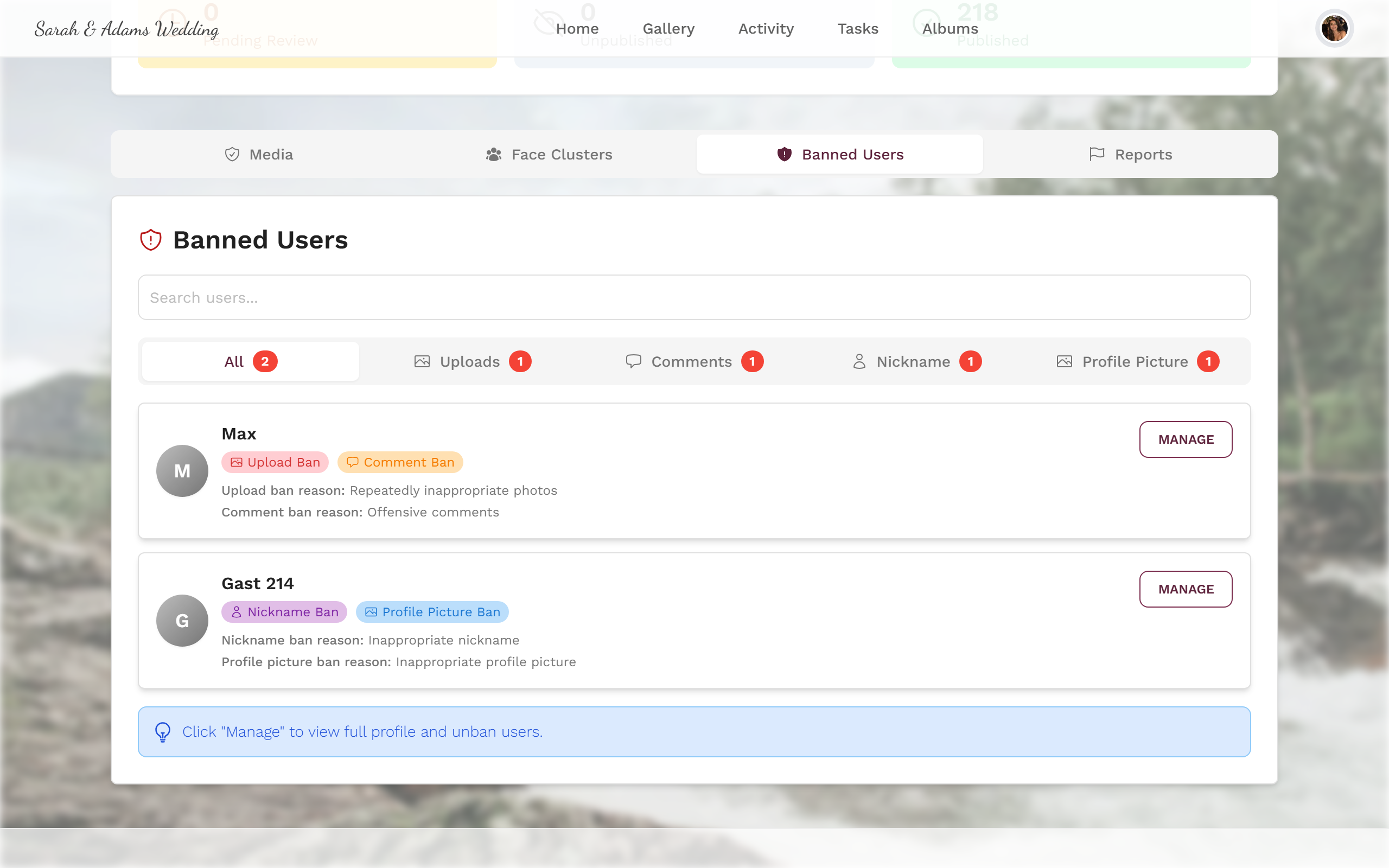 Banned Users tab with filters and user cards