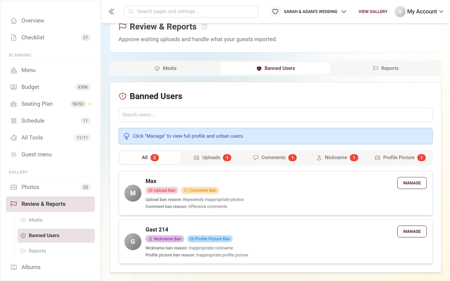 Banned Users tab with sub-tabs and the banned people plus their ban badges