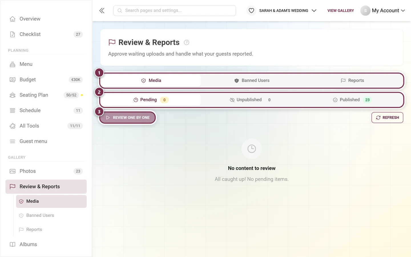Review and Reports page in the admin area with the Media, Banned Users and Reports tabs