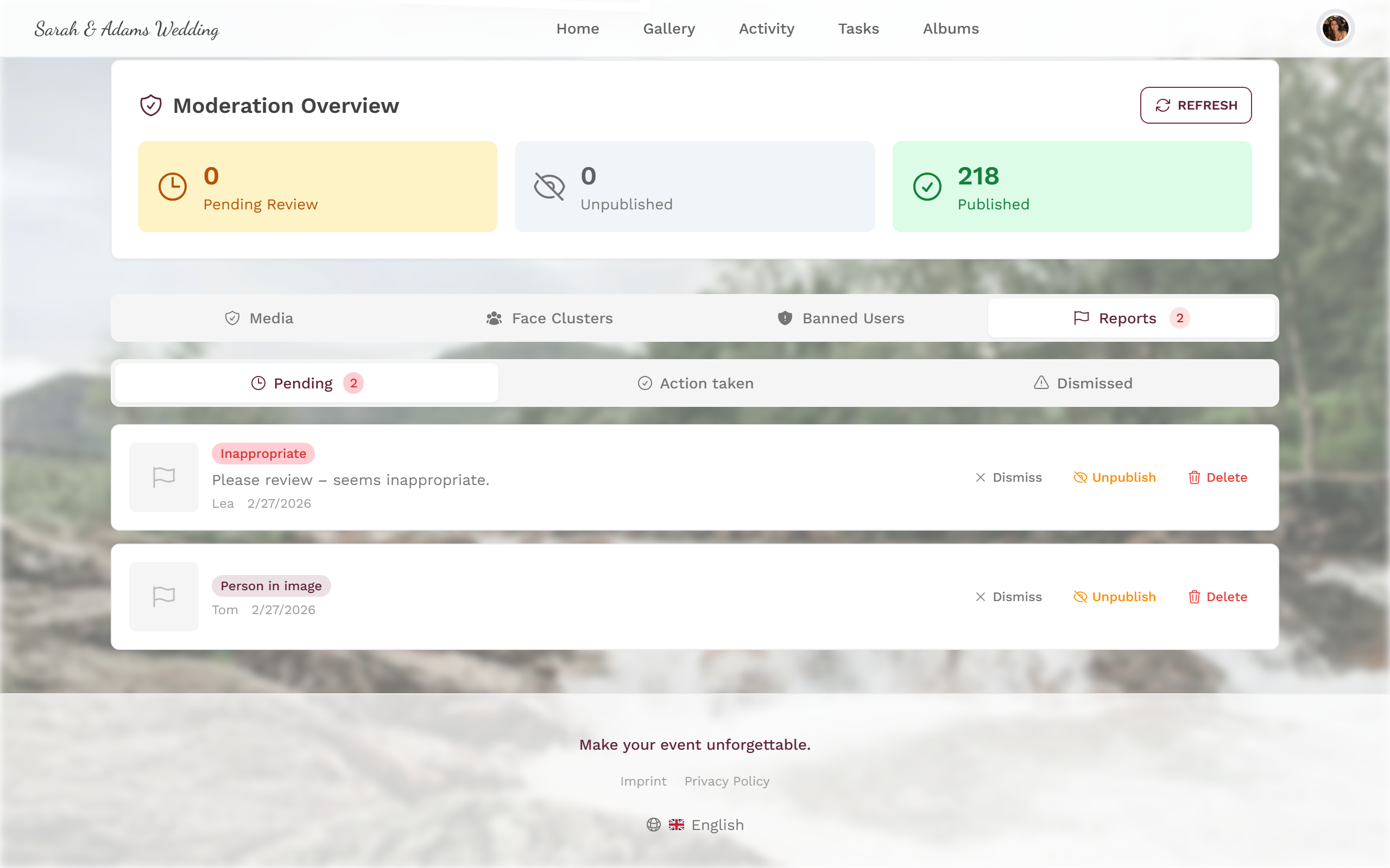Reports tab in moderation showing content flagged by guests