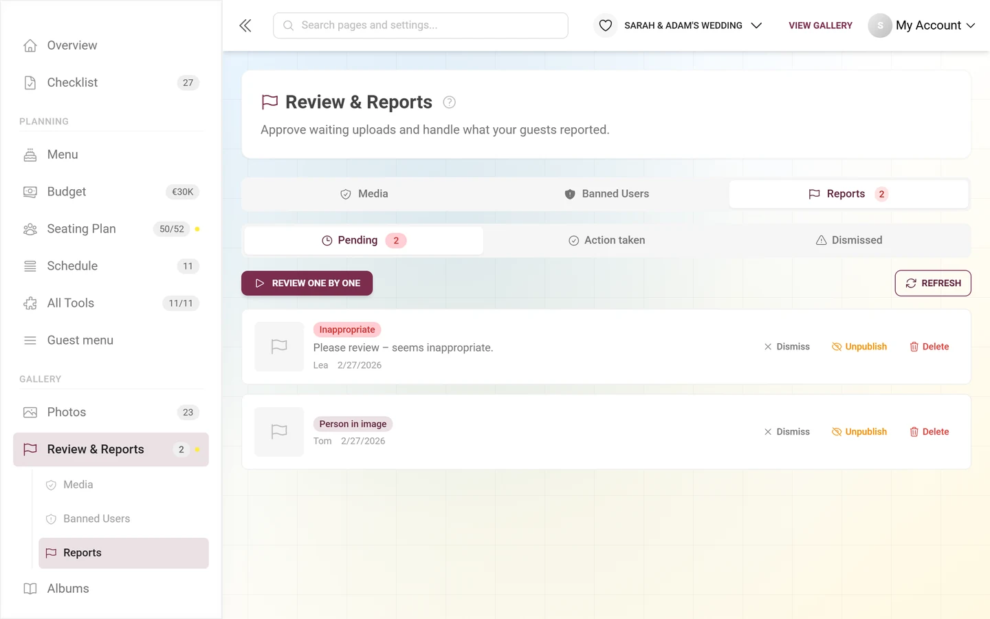 Reports tab with flagged content, reason badges and the Dismiss, Unpublish and Delete actions
