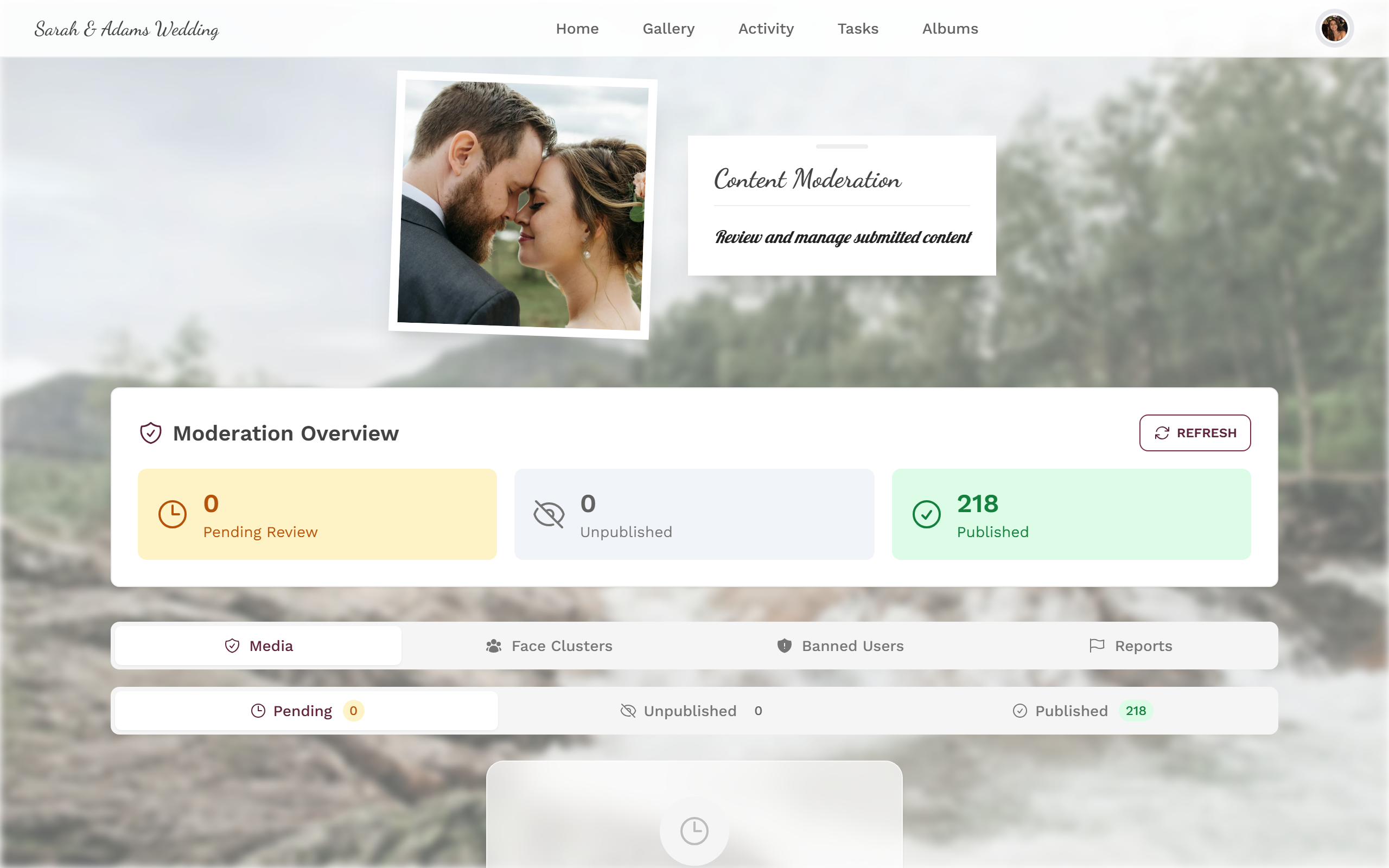 Moderation page with overview and tabs