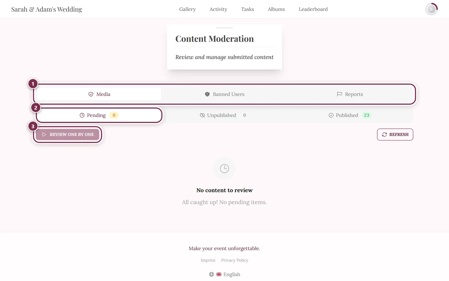 Moderation page without the admin frame, with the tab bar, status filter and review mode highlighted