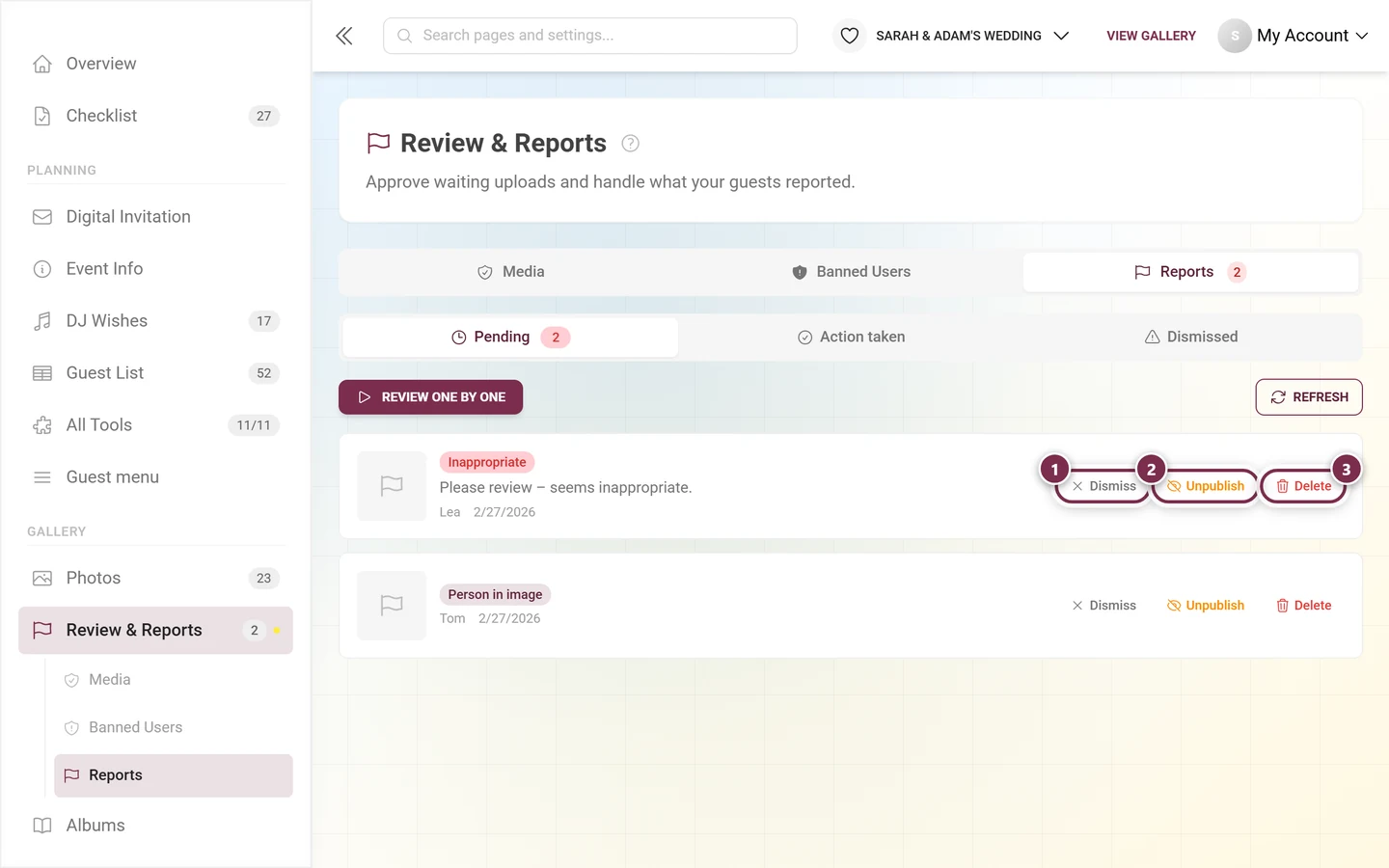 Row of an open report with the three buttons Dismiss, Unpublish and Delete