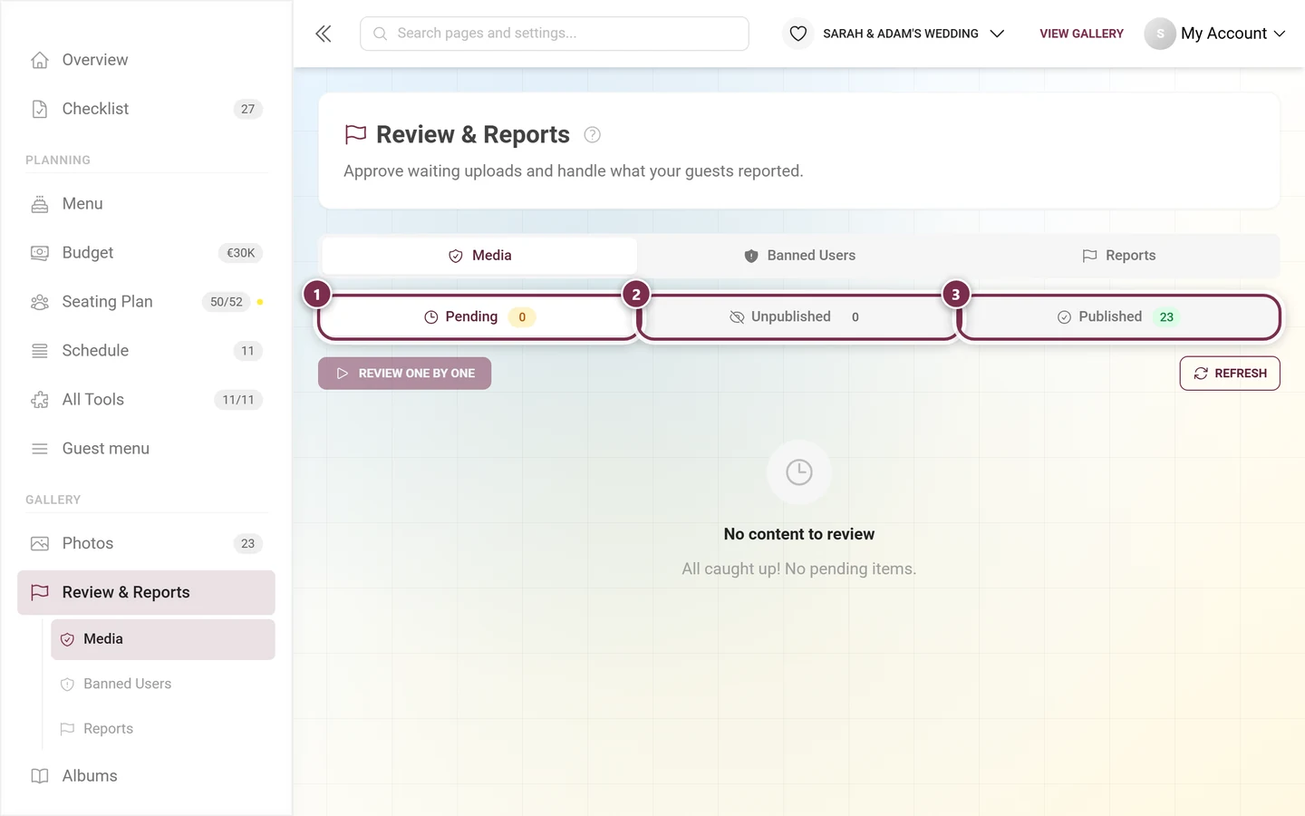 The three status tabs inside the Media tab, all highlighted