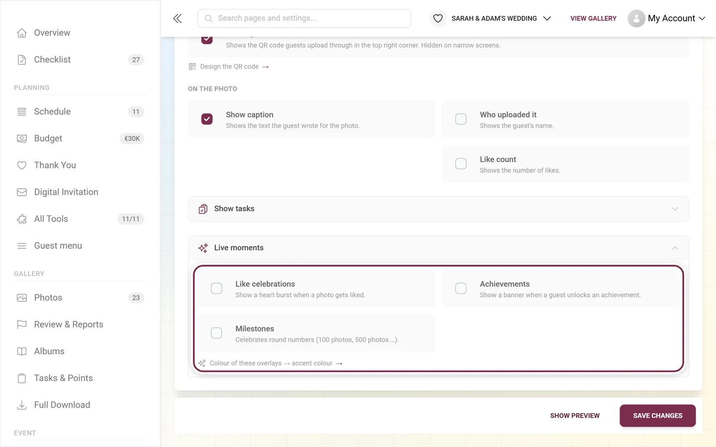 Expanded Live moments section with the switches Like celebrations, Achievements and Milestones