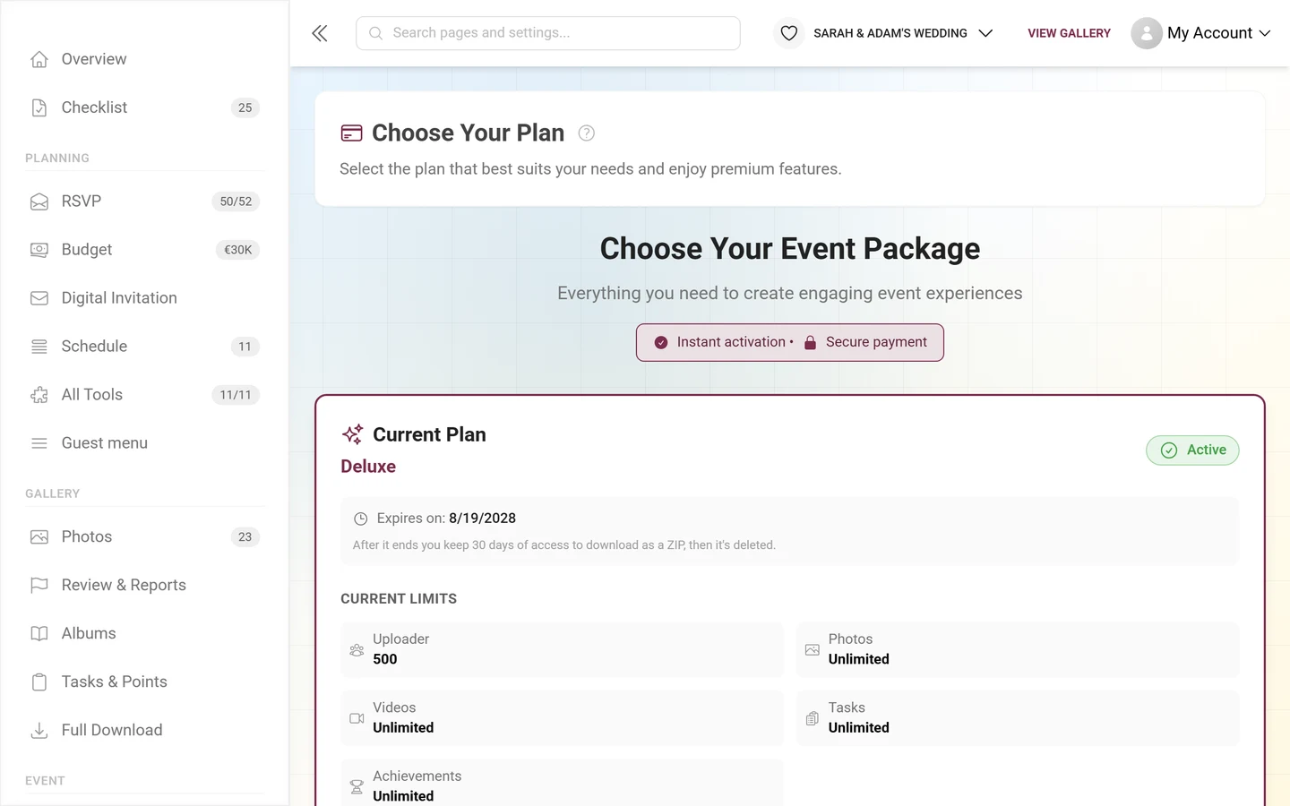 The host's plan area with the current package and its limits