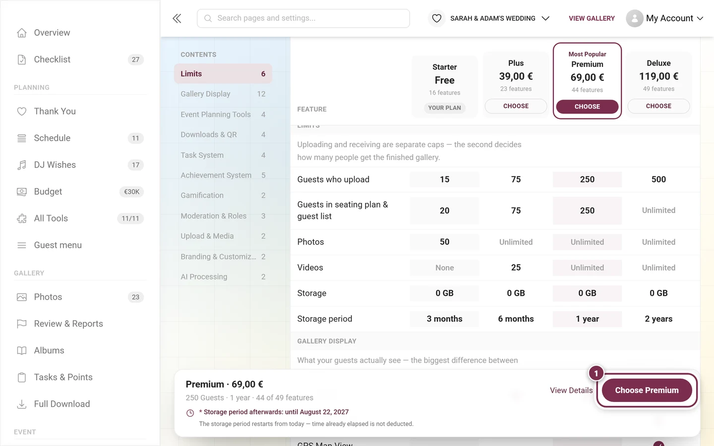 Sticky buy bar at the bottom of the comparison matrix with the button highlighted